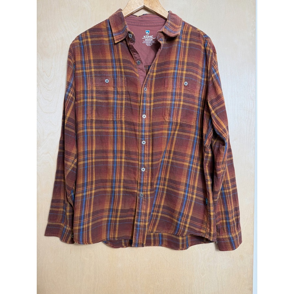 Kuhl Mens M Fugitive Flannel Shirt Burgundy Orange Plaid Cotton Tencel